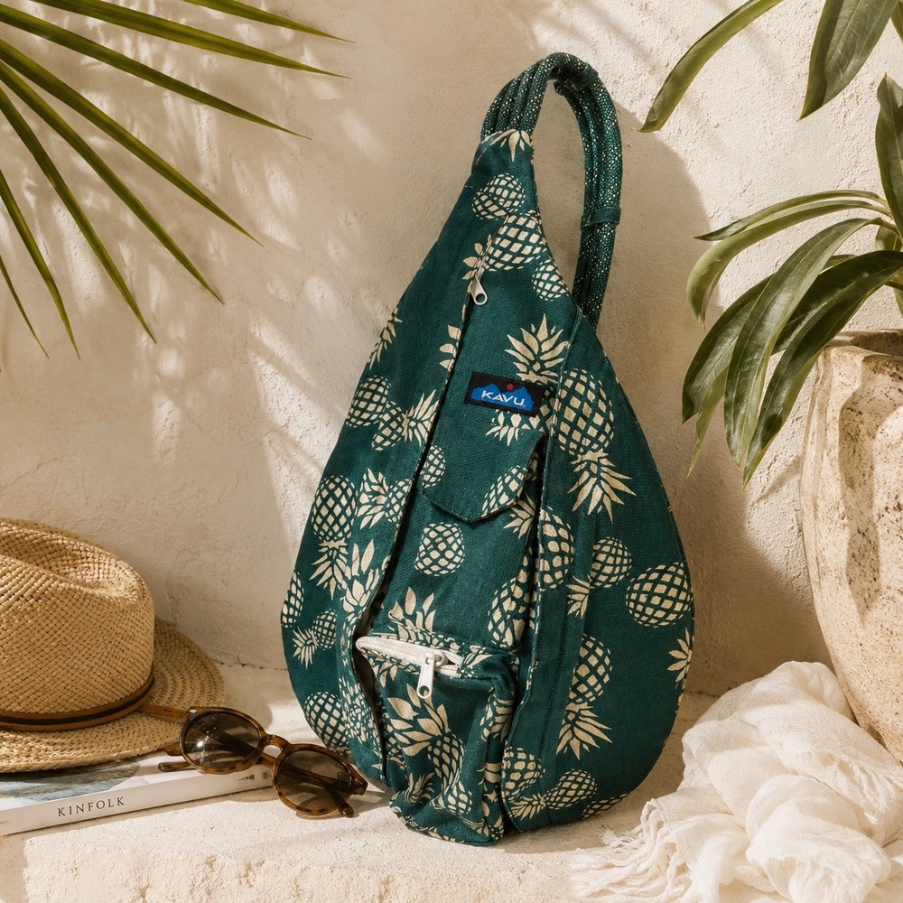 KAVU Rope Bag Sling Backpack Teal Green Pineapple Print Canvas Outdoorsy Bag